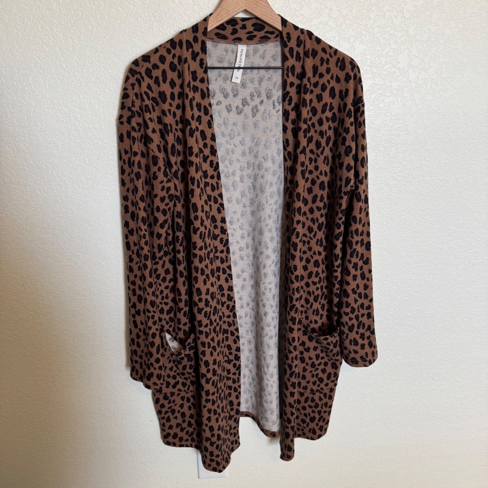 Western Boho Leopard Print Ticked Teal Open Front Cardigan Size 1X Brown